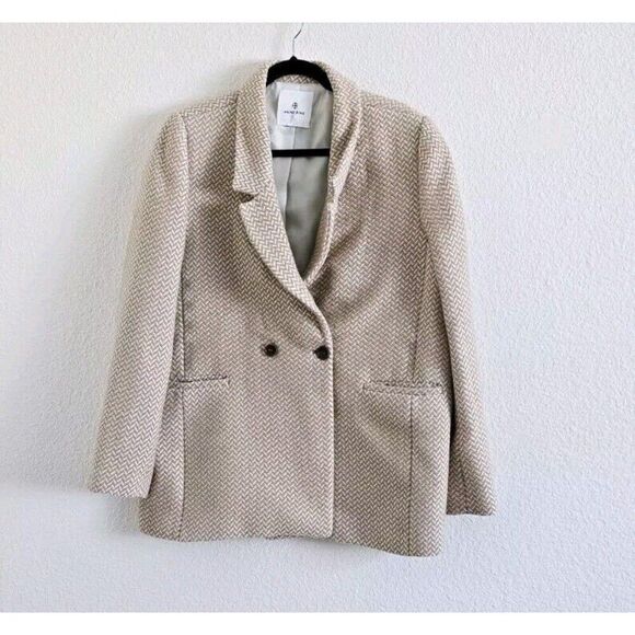 Anine Bing Fishbone Double Breasted Blazer Jacket Large Tan Cream Beige Wool XL - Picture 2 of 13
